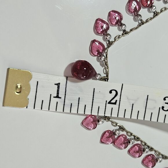 **Final Sale** Silver Tone Red Heart Shaped Glass Dangling Beaded Necklace 14" - Picture 7 of 14